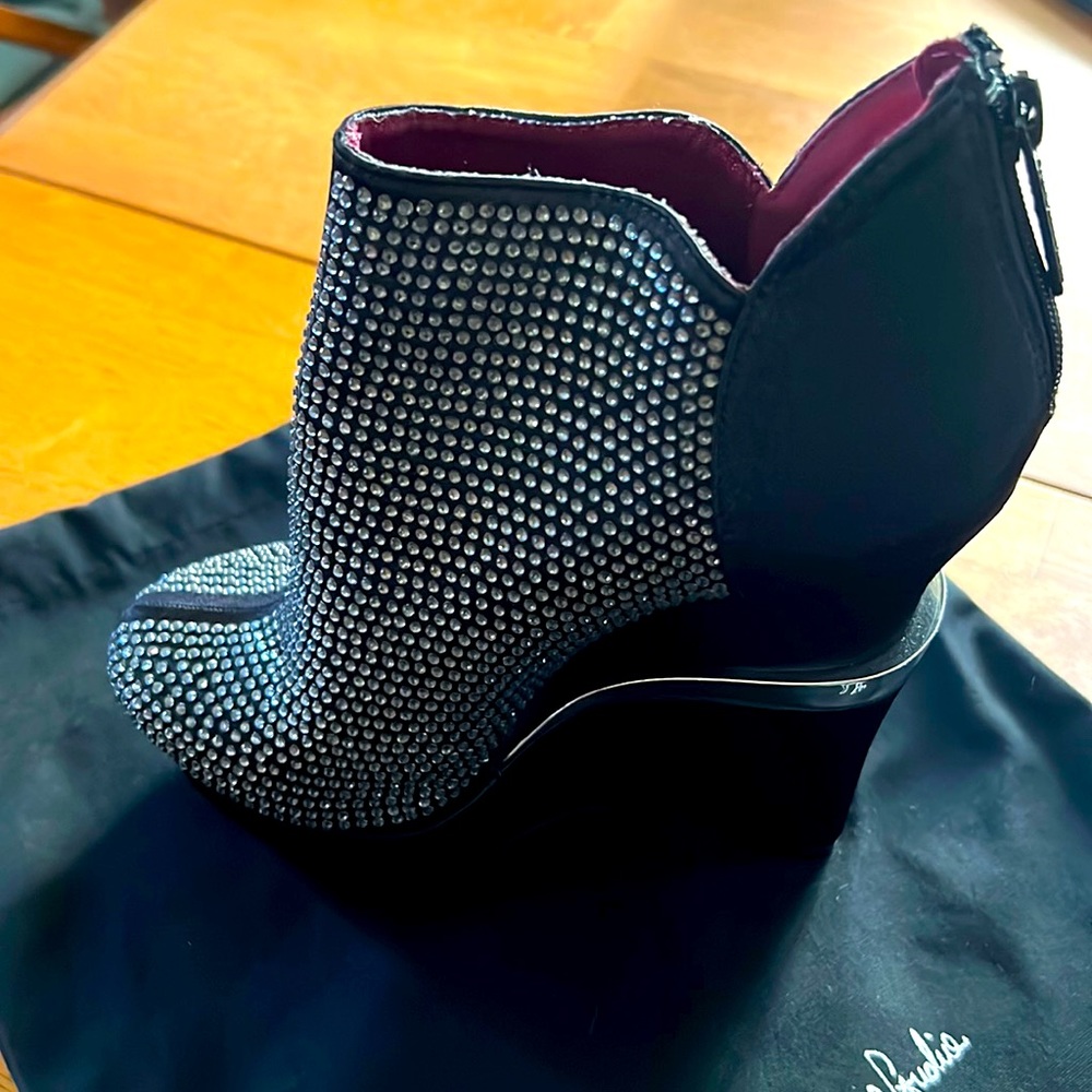 Michael Antonio Studios, satin and rhinestone wedge platform.